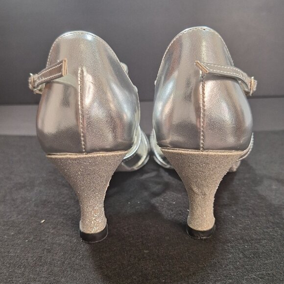 Go Go Dance Silver Glitter Leather Ballroom Dance Heels 2.5” Size 9 Suede Sole - Picture 7 of 15